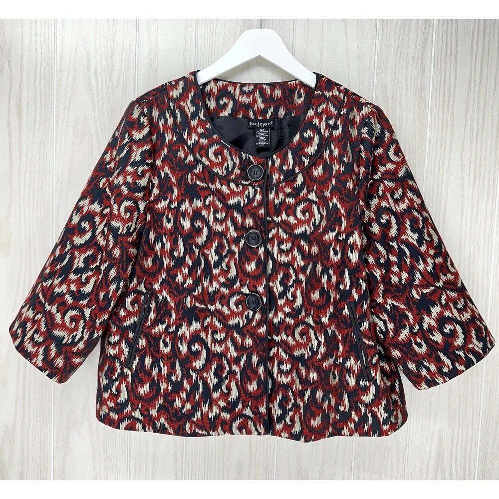 Bay Studio Career Blazer Jacket Womens Large Black Red Lined 3/4 Sleeve Buttons